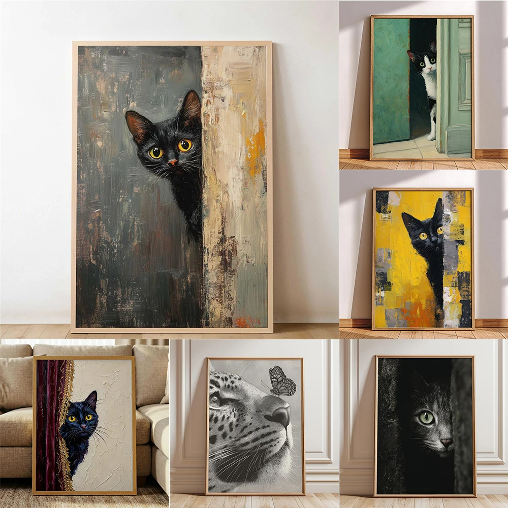 Peeking Black Cat Canvas Painting Poster Print Funny Curious Cat Wall Art for Cat Lovers Hallway Living Room Toilet Decor