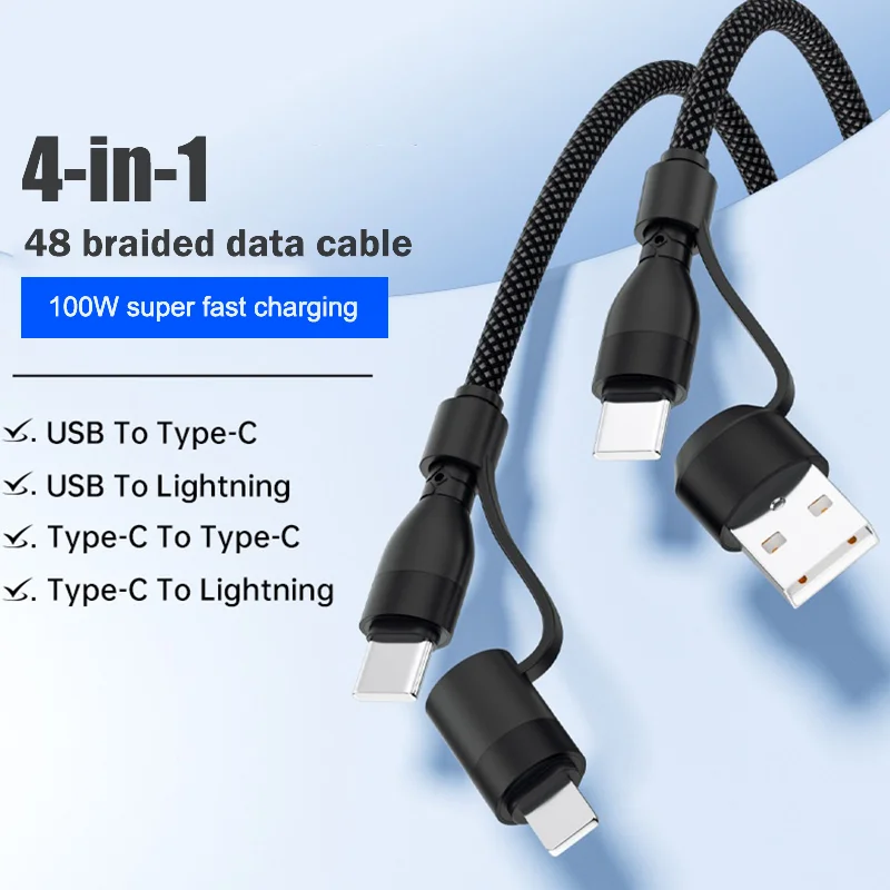 4 en 1 100W USB Type C à Type C câble Lightning câble de données de charge rapide cordon de tissage de tablette