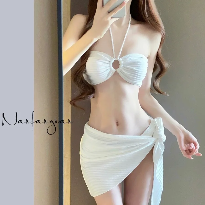

Bikini swimsuit women's three-piece seaside vacation triangle sexy advanced sense white rose red hot spring swimsuit women