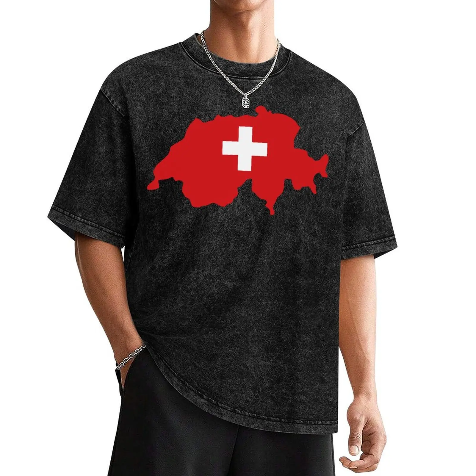Vintage Washing Unisex Men Switzerland Flag Swiss Schweiz Map Tshirt Tees T Shirts Cotton Short-sleeved T-shirt