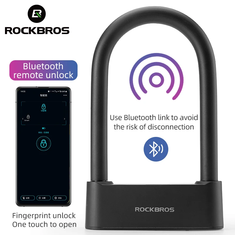 ROCKBROS 자전거 스마트 잠금 장치 블루투스 지문 잠금 해제 방수 고강도 강철 합금 도난 방지 U-잠금 자전거 액세서리