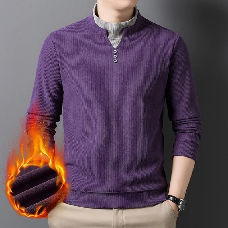 

​​Men's High Neck Faux Two-Layer Knit Sweater Fleece-Lined Winter Design​ Long-sleeved T-shirt Winter Warmth Color-Matched