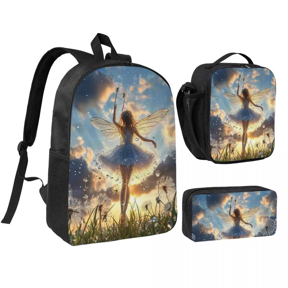 Dandelion Flower Watercolor Elf Girl Backpack Student BookBag School Bag Shoulder Bags 3ps Insulated Lunch Bag Pencil Case