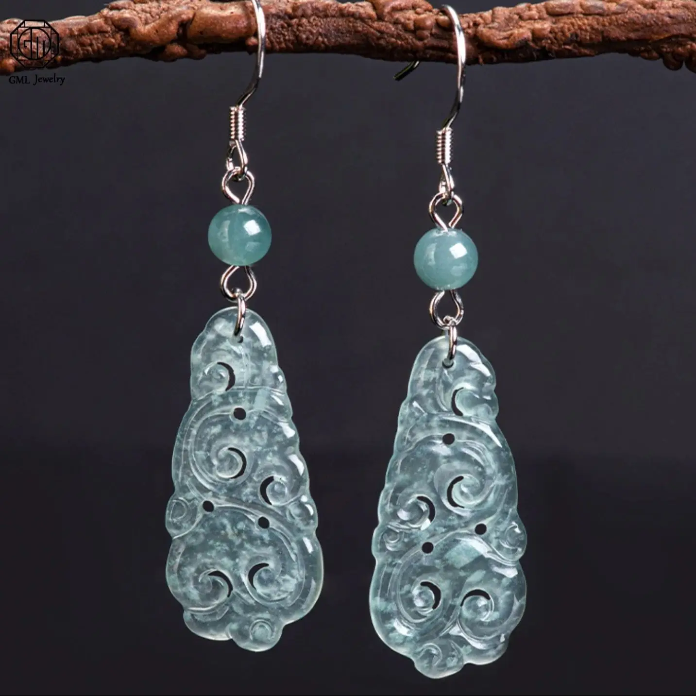 

Natural Type A Jadeite Blue Water Ruyi Earrings 925 Silver Setting Icy Type Ancient Style Dangle for Women Jade Ear Jewelry