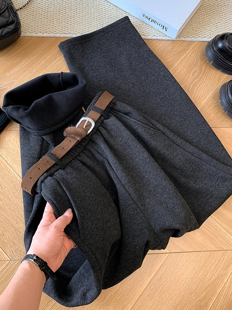 

High Waist Fce Lined Wide Leg Straight Cut Casual Pants for Women Belt Included Korean Sle Office Commute Wear