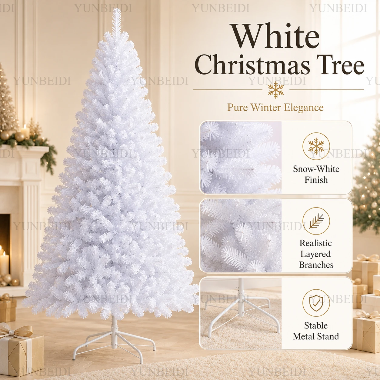 Weißer künstlicher Weihnachtsbaum aus PVC, verschlüsselt mit LED-Lichtern, großer Weihnachtsbaum, 1,2 m bis 2,1 m, Weihnachtsdekoration für Zuhause und Partys