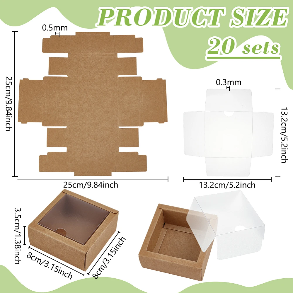 20Pcs Square Paper Boxes with PVC Window 3.15x3.15x1.38 Inch Paper Gift Packaging Box for Wedding Favor Cookies Small Crafts