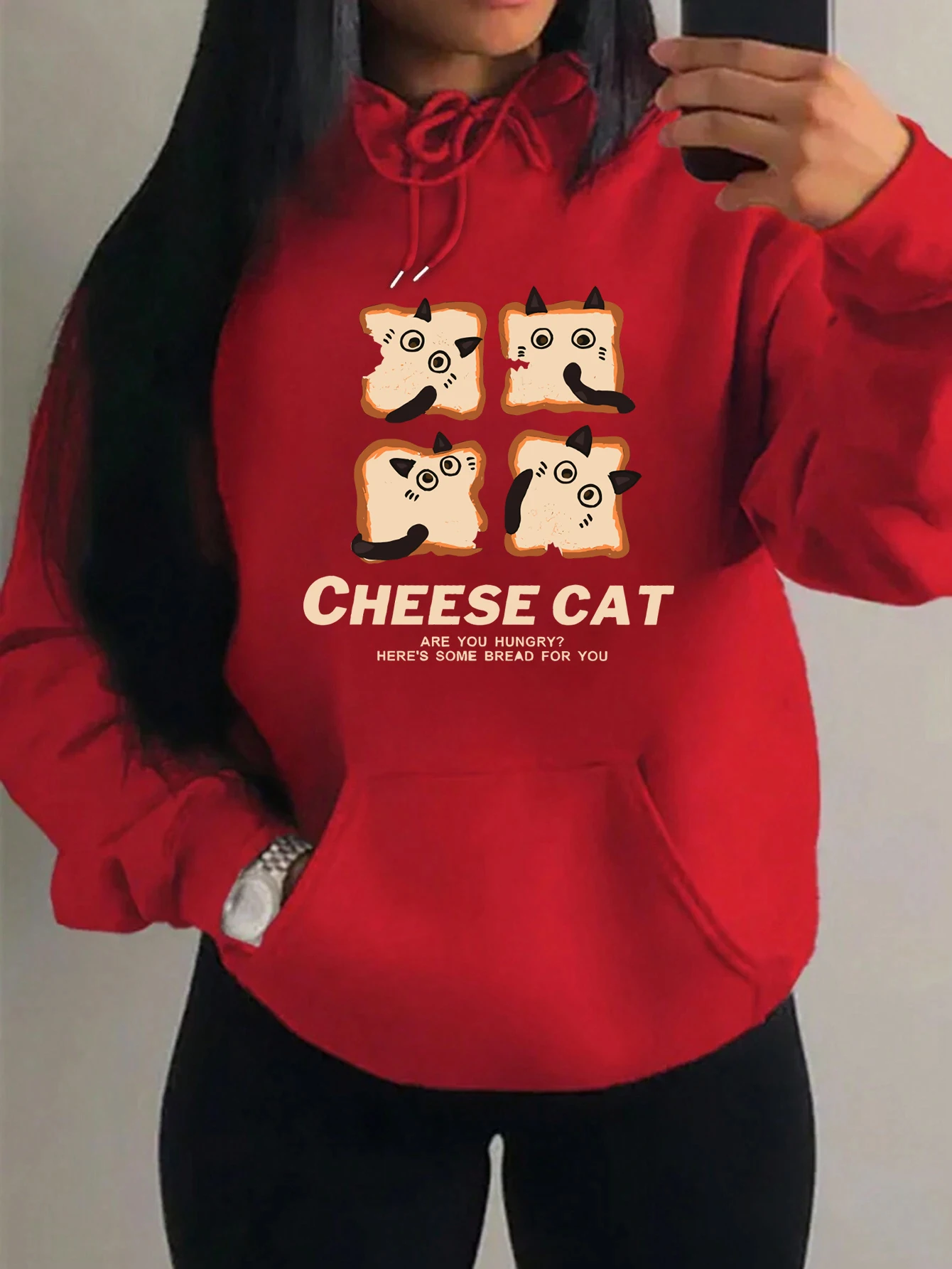 Cartoon Cheese Cat Prints Women Hoodie Pocket Harajuku Streetwear Multicolor Casual Pullovers Autumn Fleece Clothes Women