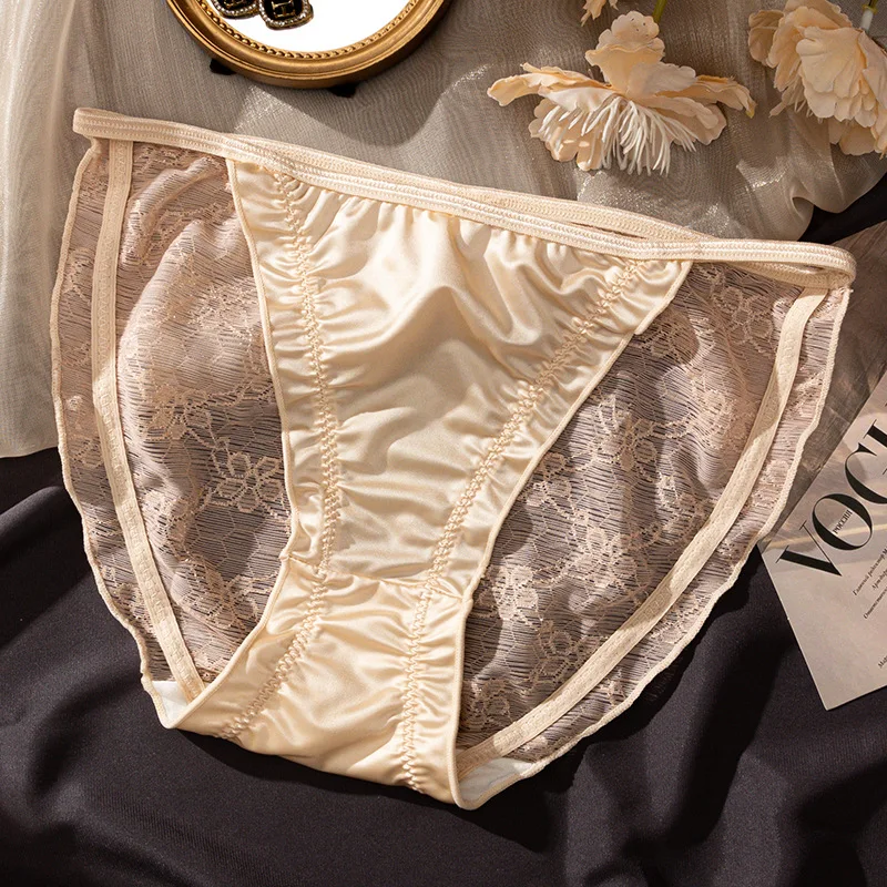 Women Sexy Mesh Lace Satin Smooth Soft Luxury Style Underwear Flower Embroidery Transparent Thin Belt High Fork Panties Breifs