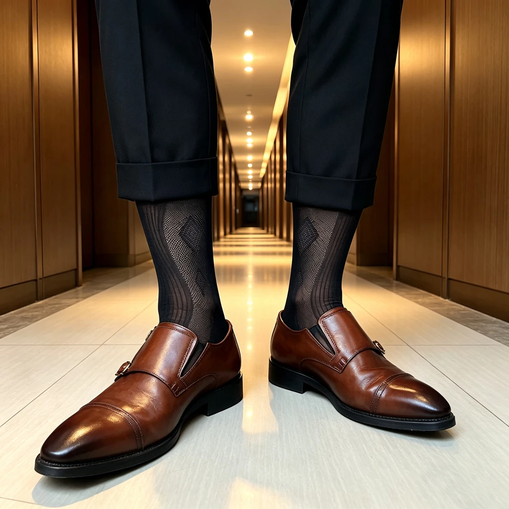 Men's Black Sheer Mesh Formal Dress Socks Breathable Elastic Business Socks Luxury Patterned Gentleman Hosiery for Suit Office
