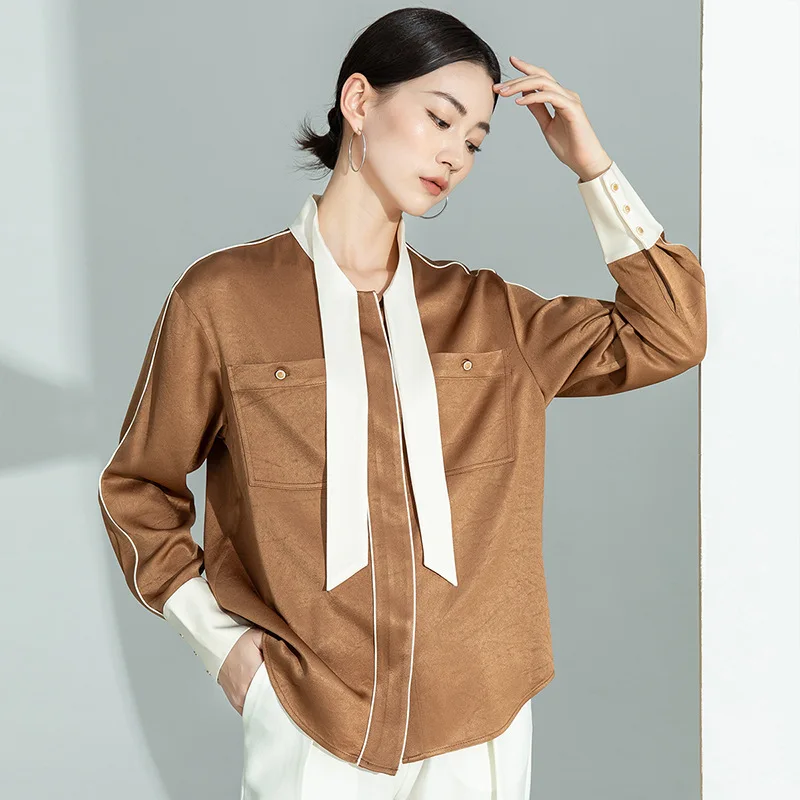 

Ele Commuter OL Acetate Satin Ribbon Color Blo Long Sve Women's irt Slimming Top Faionable Spring New Arrival