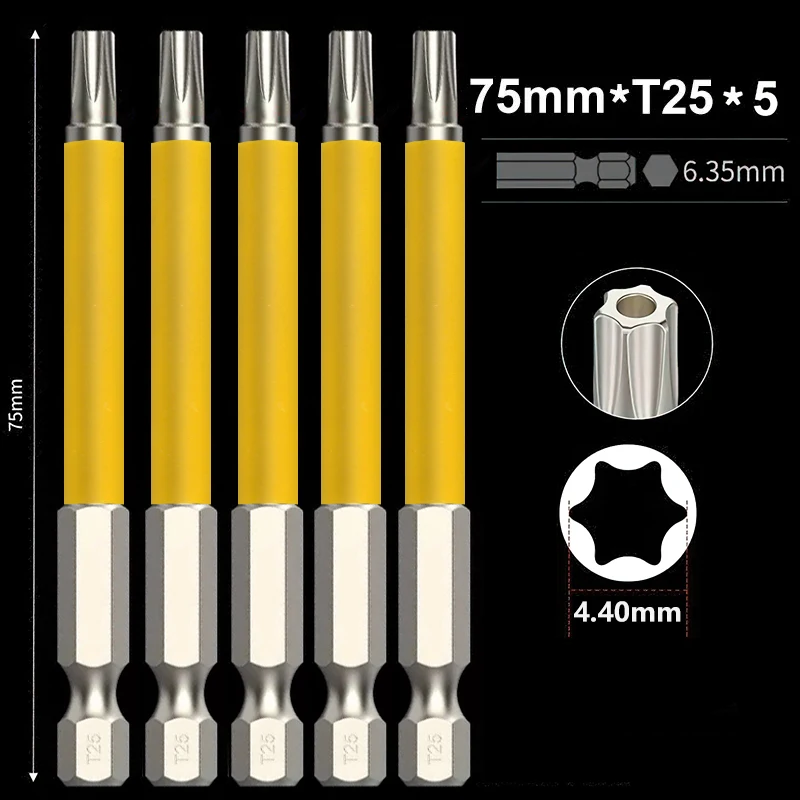 

5Pcs T15 T20 T25 Torx Screwdriver Bits 1/4 Inch 75mm Long Hex Shank Magentic Torx Bit Set Silver S2 Steel Torx Head Drill Bits