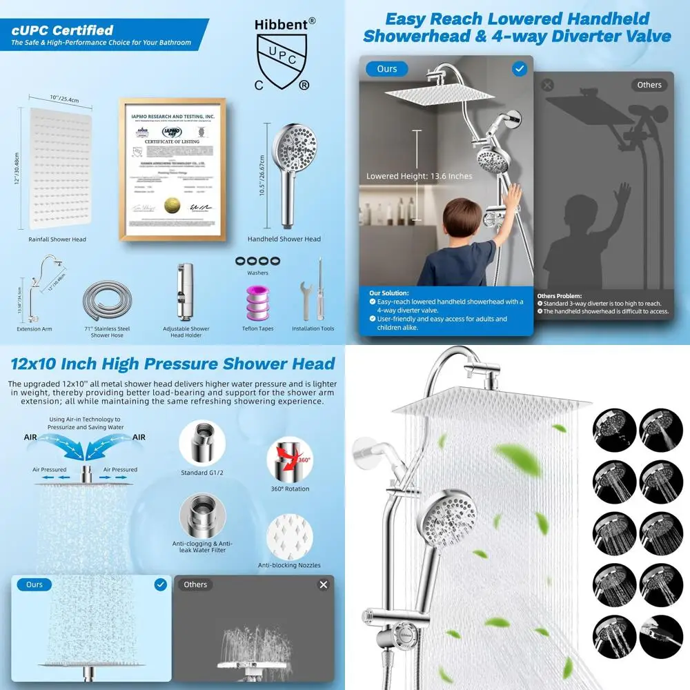 

12 All-Metal Rain Shower Combo with 10-Spray Handheld, 4-Way Diverter, 71 Hose & Holder, High-Pressure, Chrome