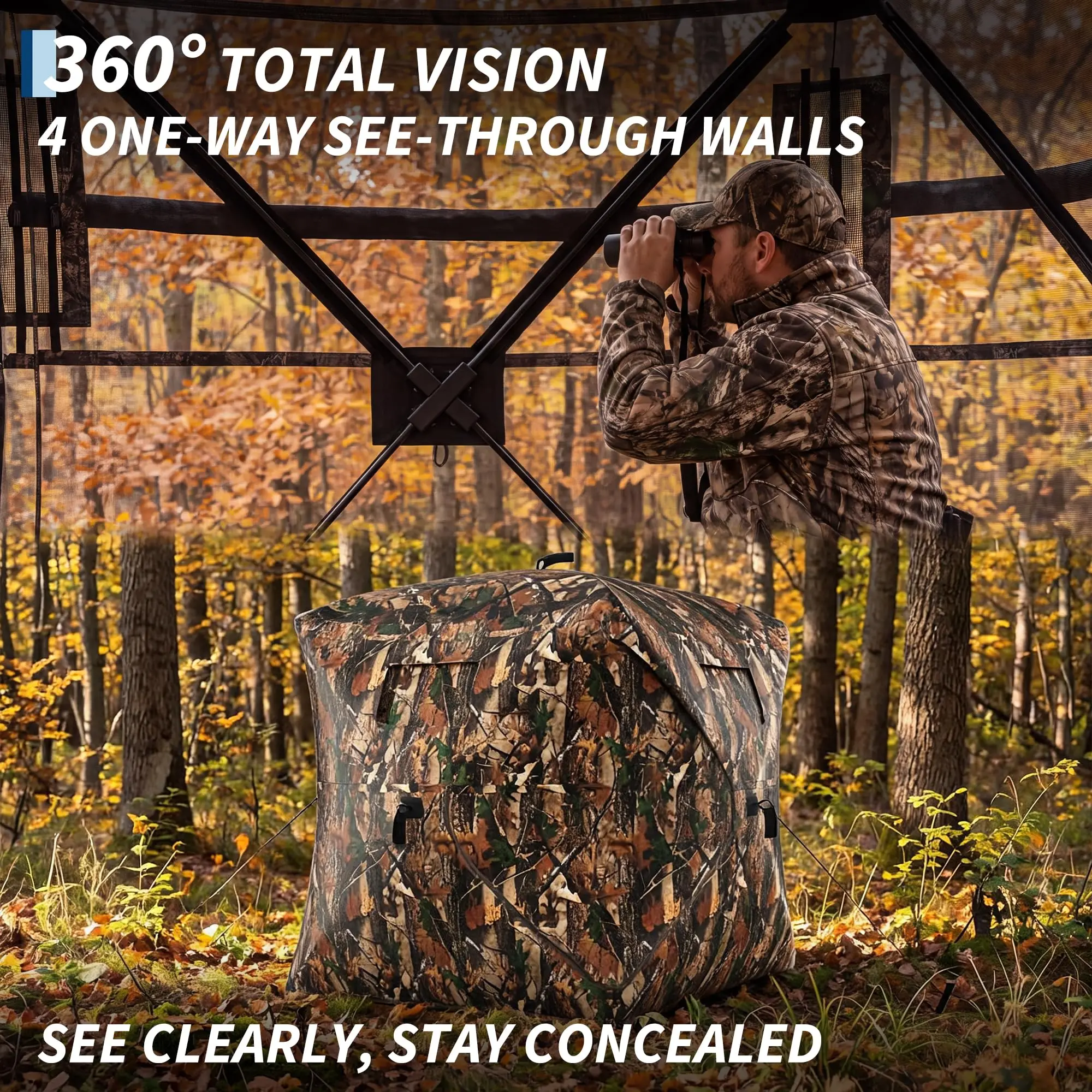 360° See-Through Tracking Blind, Pop-Up Camo Ground Blind with Silent Windows, Brush Loops & Carry Bag, Spacious 2-3 Person Water-Resistant Deer Tracking Tent - Thumbnail 4