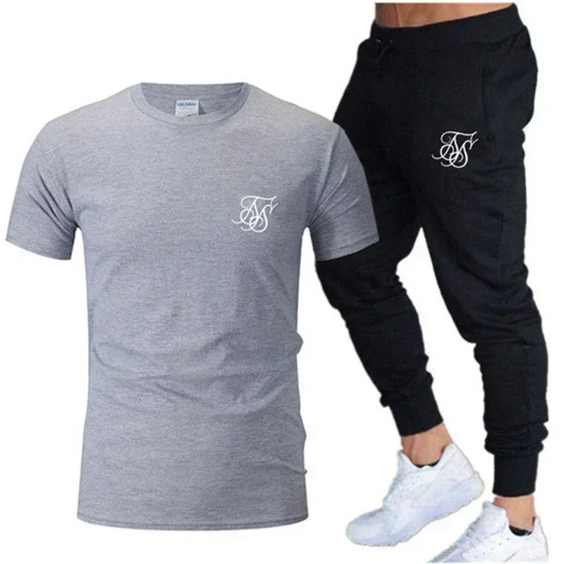 2024 New Sik Silk Men\'s Summer Casual T-shirt + Pants Two Casual Tracksuit Suit Men\'s Sports Fitness Brand Clothing Sports Suit