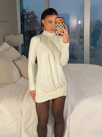 Dress Women Weird Puss Ruched Mini Dress Women Autumn Trend Turtleneck Full Sleeve Irregular Hem Coquette Midnight Party Stretch Bodycon