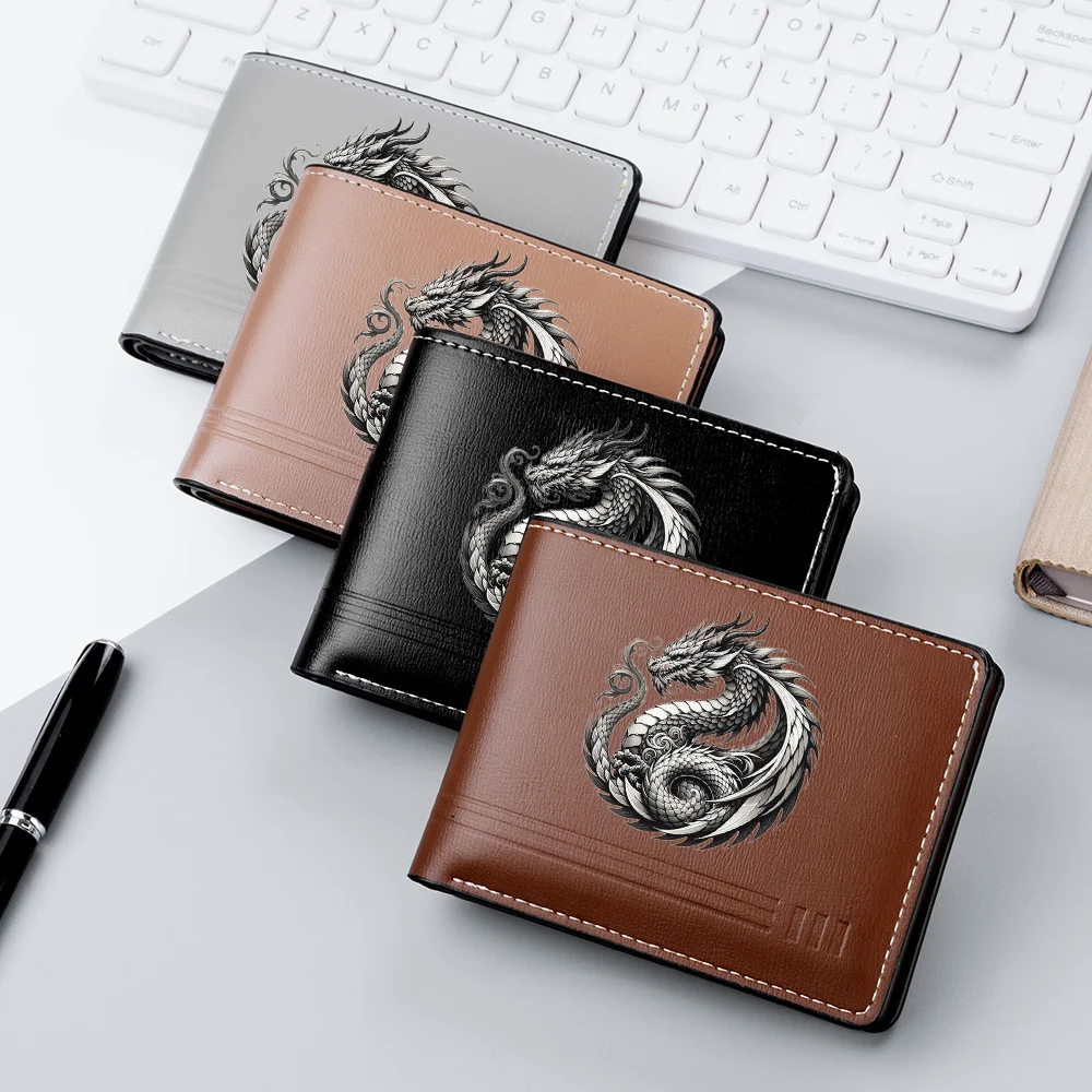Portable Men's Coin Wallet with Dragon Pattern Zipper - ID Card Credit Card Storage Coin Holder for Men