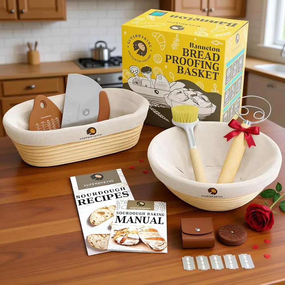 

Набор для расстойки теста: круглый баннытон (9 дюймов) и овальный (10 дюймов) для сухарезчатой закваски, включает стартовый набор, незаменимые инструменты для расстойки хлеба