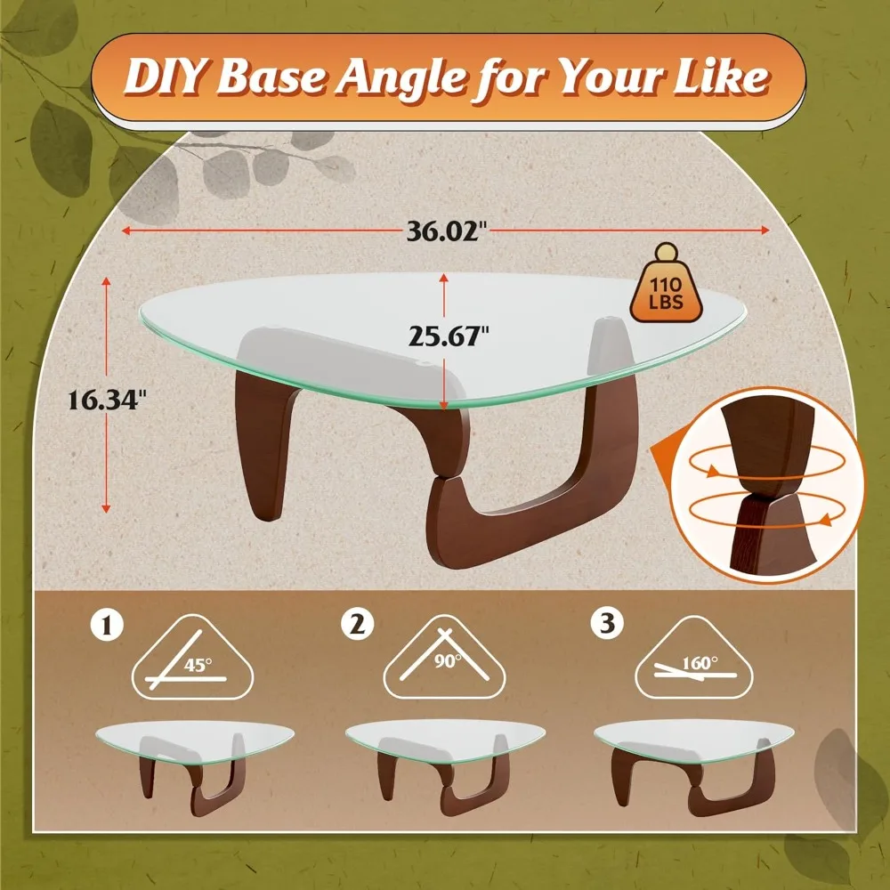 Mid Century Modern Small Glass Coffee Table with Wooden Legs, 36 Triangle Living Room Furniture, Contemporary Center Table