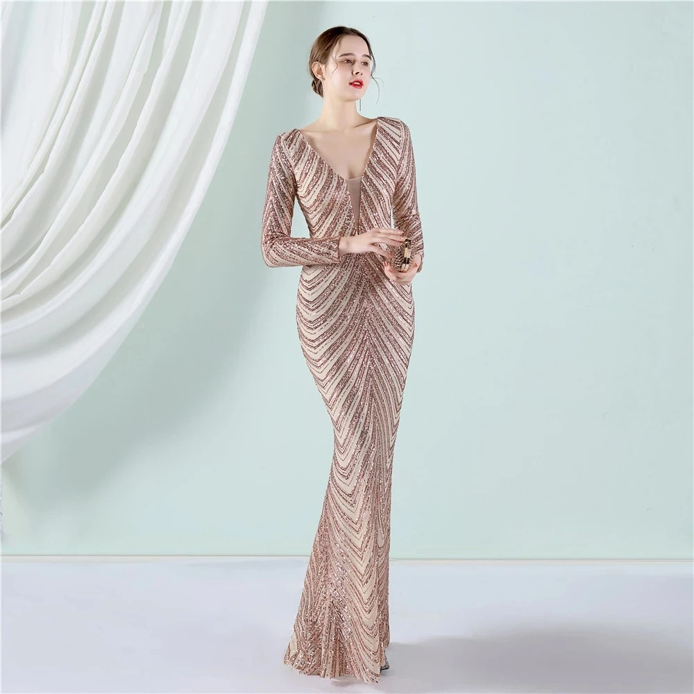 Plus Size Nieuwe Vrouwen Elegante V-hals Lange Mouwen Avondjurk Sexy Mermaid Sequin Vrouwen Floor Lengte Bruiloft Jurk Vestidos