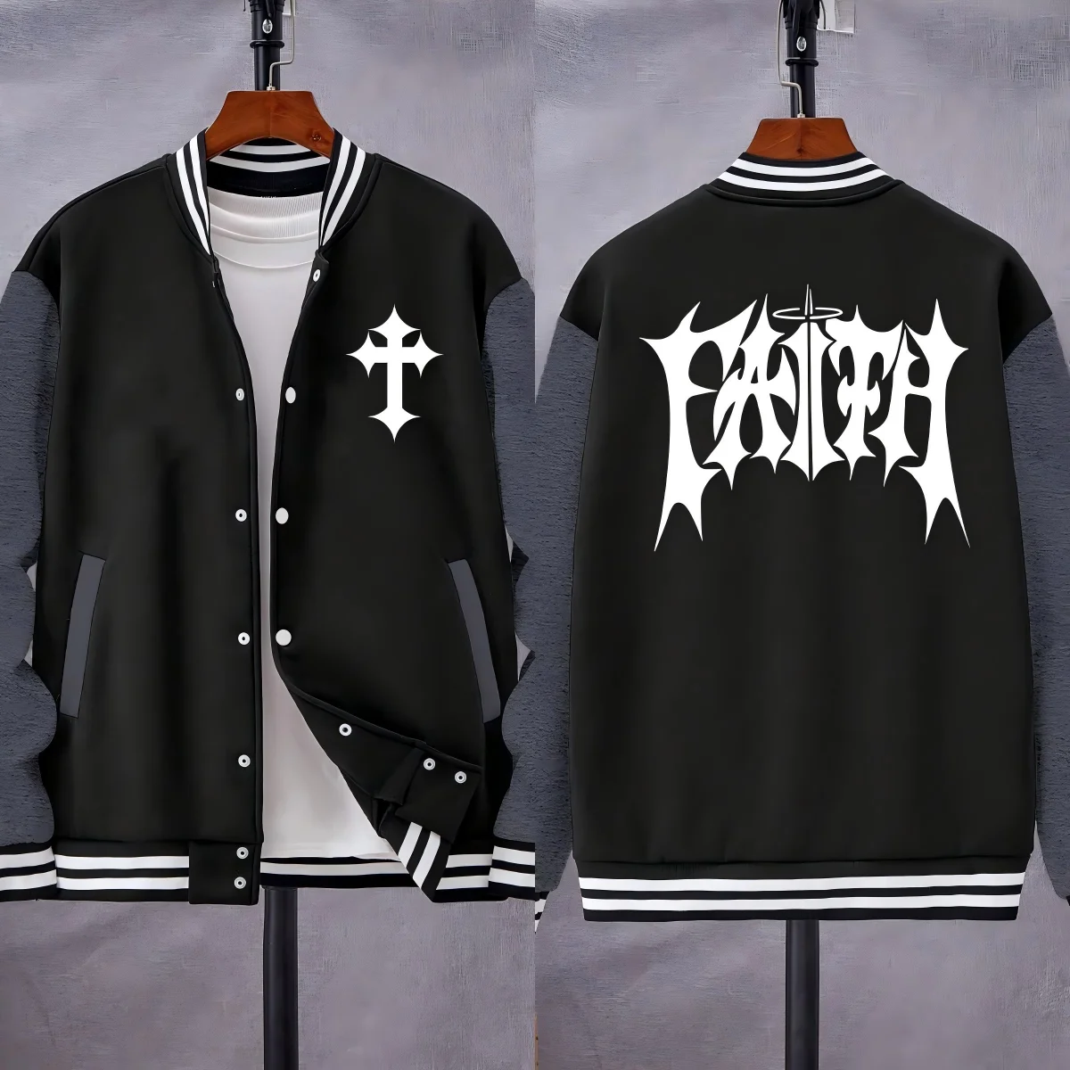 

Creative Faith Art Letter Printed Men Baseball Uniform Autumn American Streetwear Fashion Comics Jackets All-Match Clothes