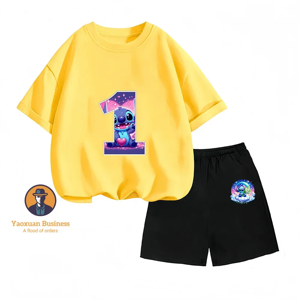 

Disney Summer Kids' Cute Stitch Print Crewneck T-shirt + Shorts Set Is Suitable for Boys and Girls Ages 2-12