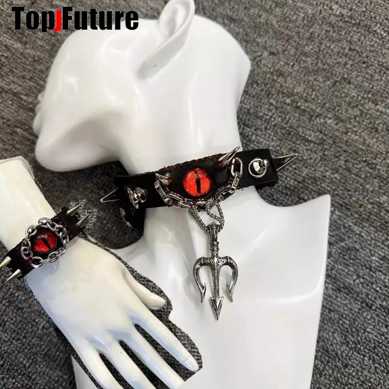 

Harajuku Gothic Lolita Cosplay Women Men Y2K Girl Couple Bracelet Choker Vintage Punk Spikers Devil's Eye Necklace Jewelry