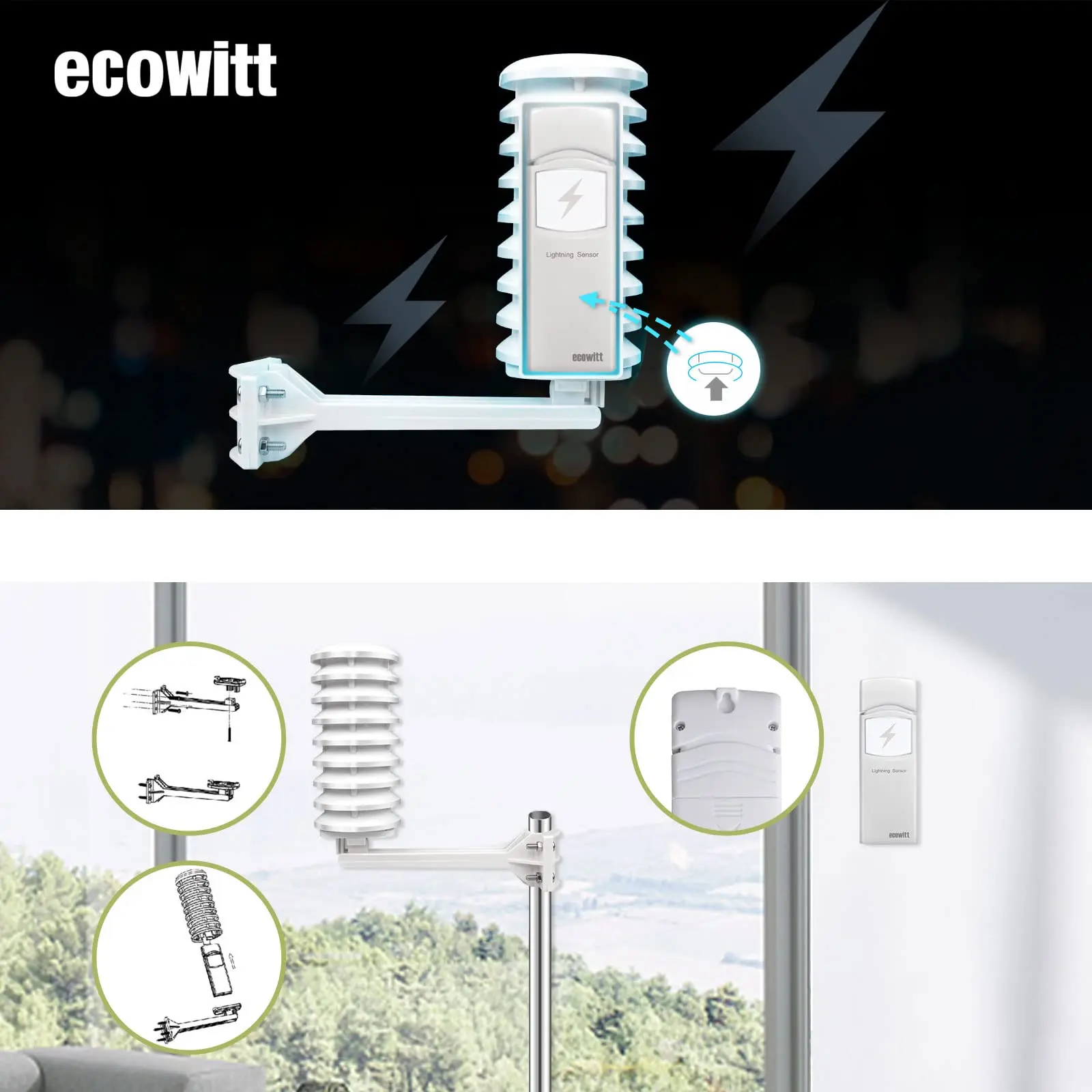 Беспроводной датчик обнаружения вспышки Ecowitt WH57 с солнечным излучением, обнаруживает болты и штормы в пределах 25 миль