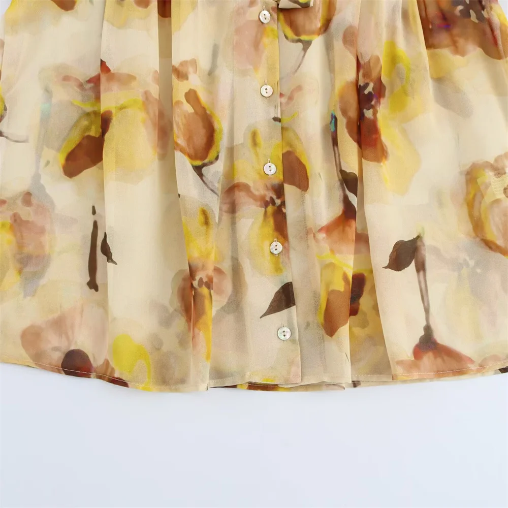 Damska moda temperamentna seksowna bluzka z kwiatowym nadrukiem, półprzezroczysta, nowość na wiosnę, koszula z długim rękawem i kołnierzykiem.