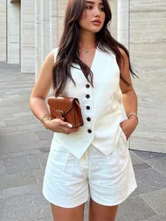 TRAF Women Elegant Solid Waistcoat Shorts Set 2024 Sleeveless Vest Top+High Waist Slim Shorts Lady Office Casual 2 Pieces Set