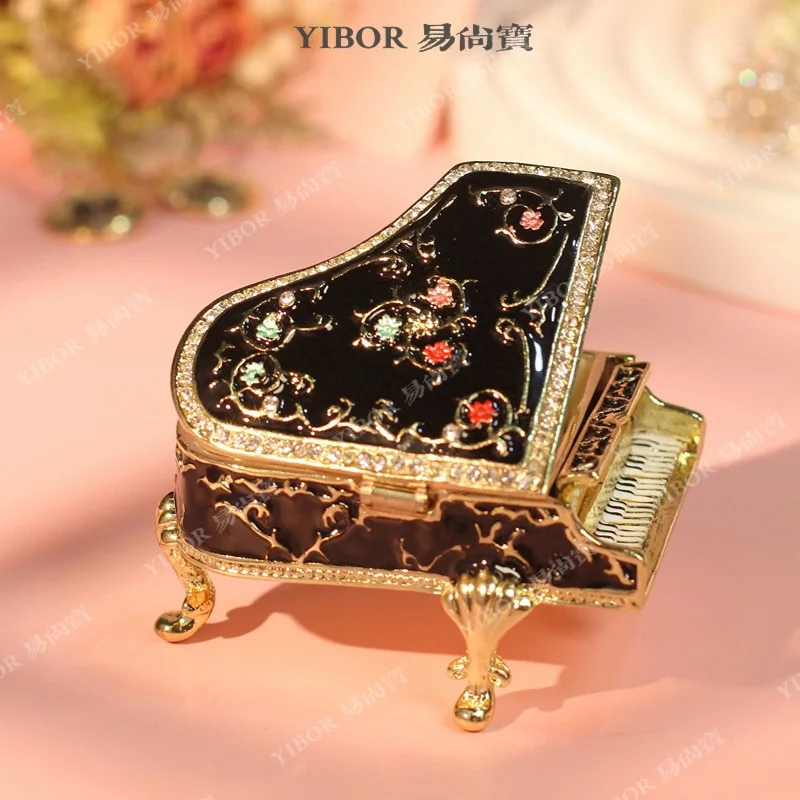 Metal Cloisonne Piano Figurine with Rhinestones, Light Luxury Shippo Craft, Creative Home Desktop Decor Enamel Ornament Gift