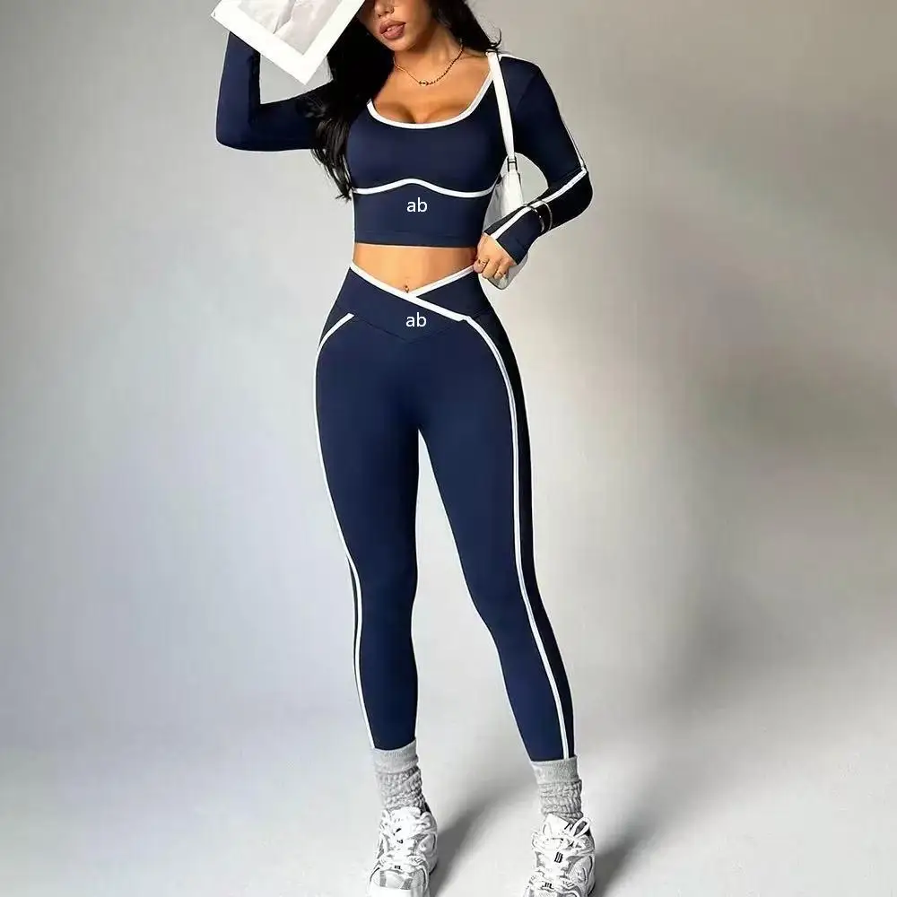 2026 Color-Contrast Yoga Set: High-Waisted, V-Neck Long Sleeve Tight Yoga Pants with Butt-Lifting Design