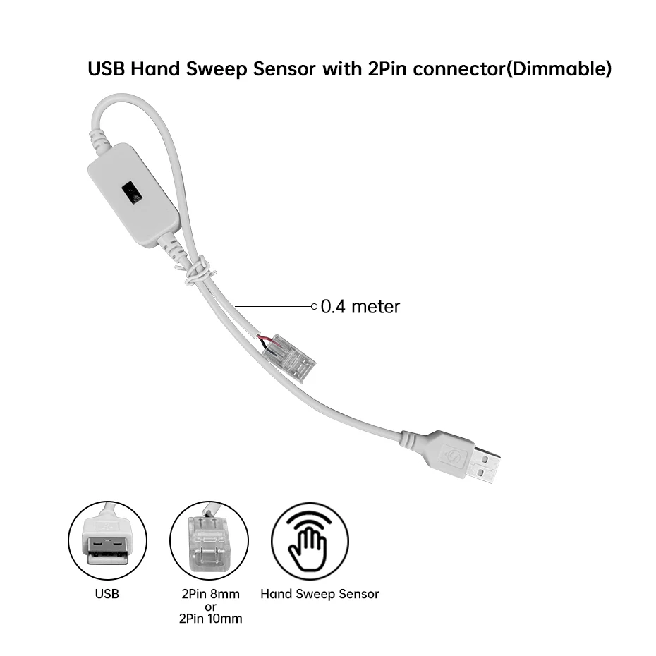 Touch Sensor Dimming Switch USB Cable DC5V Hand Sweep Dimmer Controller with 2Pin 8mm 10mm Connector for SMD LED Strip Lights