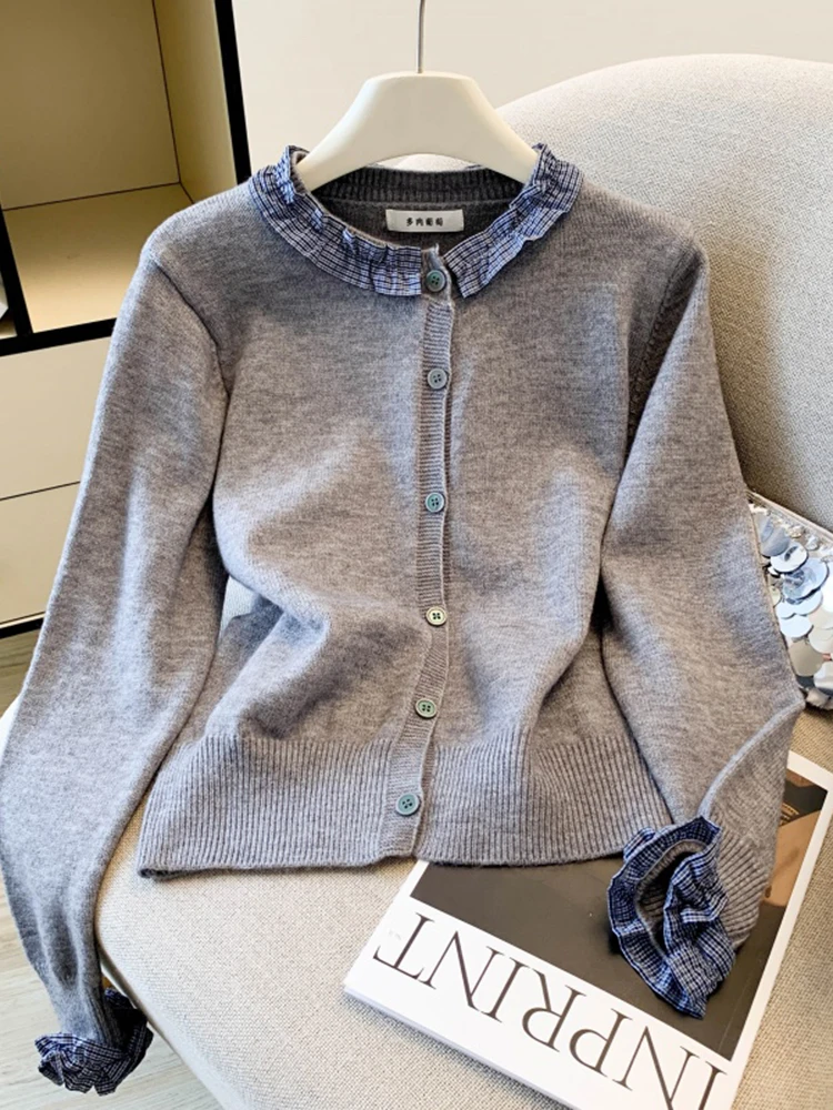 

Вязаный кардиган в клетку для женщин, осенне-зимний, модный, с деревянной отделкой, стандартный крой, вязаное пальто