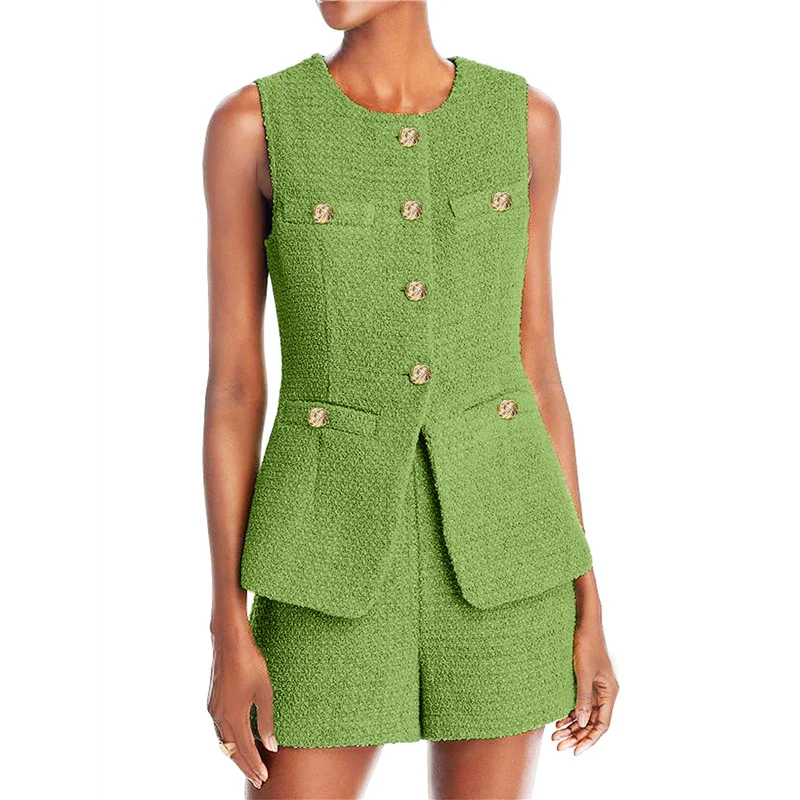 ASDS-Conjunto de traje informal de dos piezas para mujer, chaleco sin mangas con botones, pantalones cortos, traje de negocios de oficina