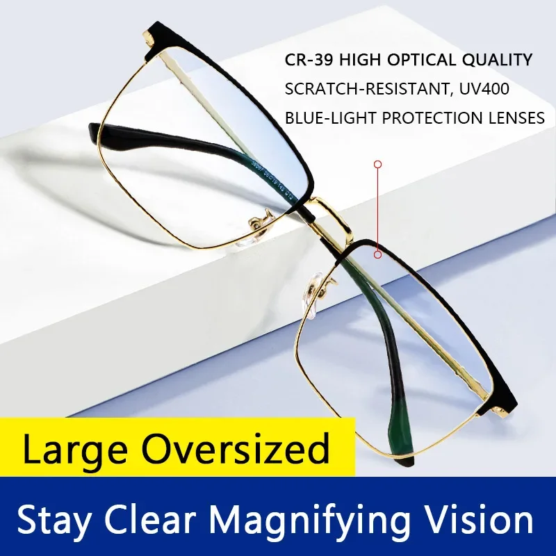 Progressive Multifocal Reading Glasses Blue Light Blocking Men,Large Oversized Metal Frame,  Computer Readers Anti UV/Eyestrain