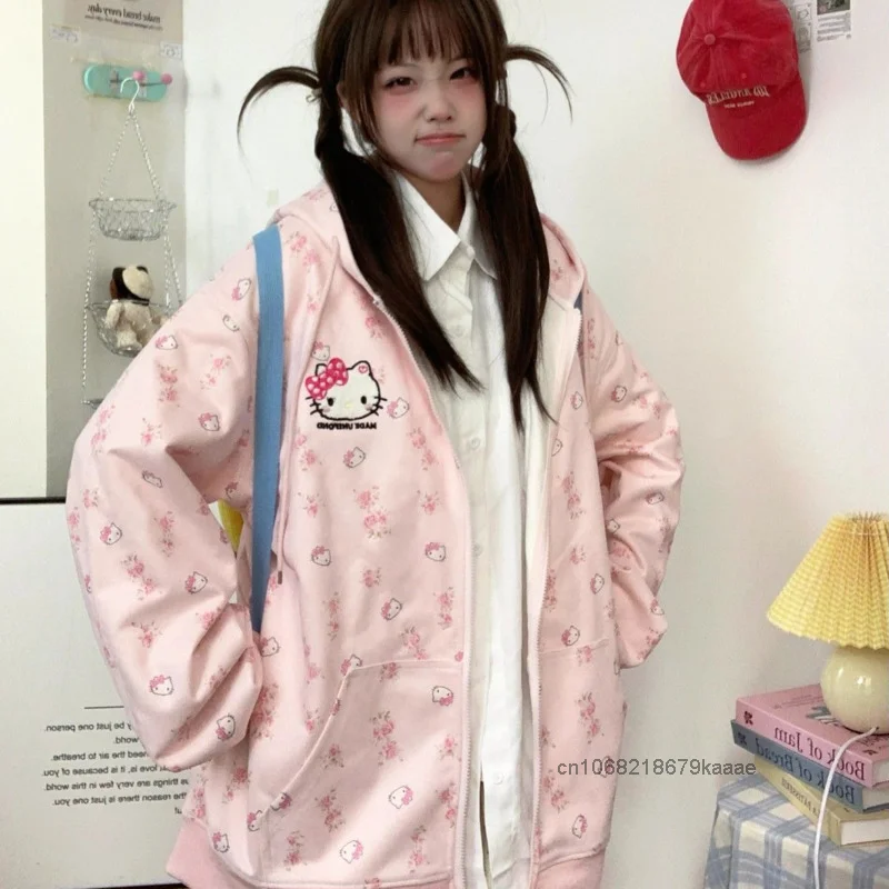 Sanrio Hello Kitty Cute Cat Hoodie Women\'s Autumn Winter New Loose Lazy Cardigan Japanese Style Y2k Sweet Soft Girl Trendy Coat