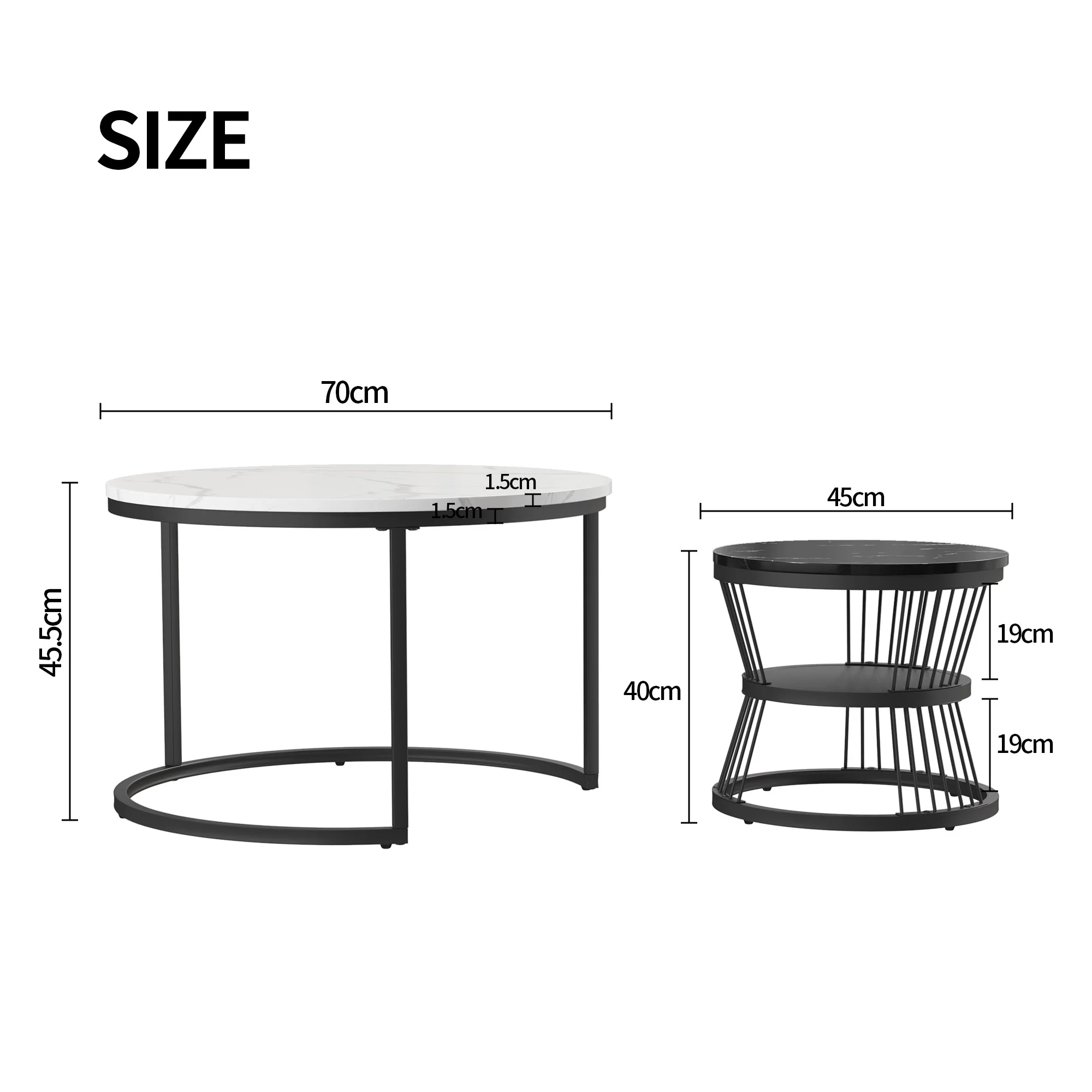 Okrągły stolik kawowy, zestaw 2-suwowych nowoczesnych stolików kawowych ze sztucznym marmurowym blatem, czarna metalowa rama Czarno-biały stół do