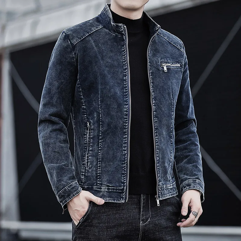 

Men's Vintage Stand Collar Denim Jacket Casual FASHION Motorcycle Coat MEN Slim Zipper Warm Jean Jacket