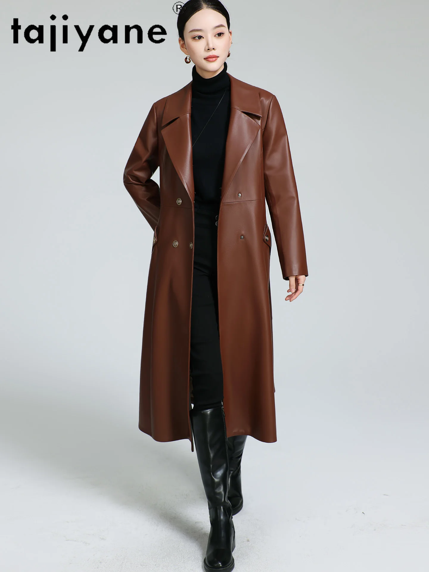 TAJIYANE 100 % genarbtes Schaffell, weißer Gänsedaunenmantel für Damen, lange Pufferjacke aus echtem Leder mit Nerzkragen, 2025, Winter