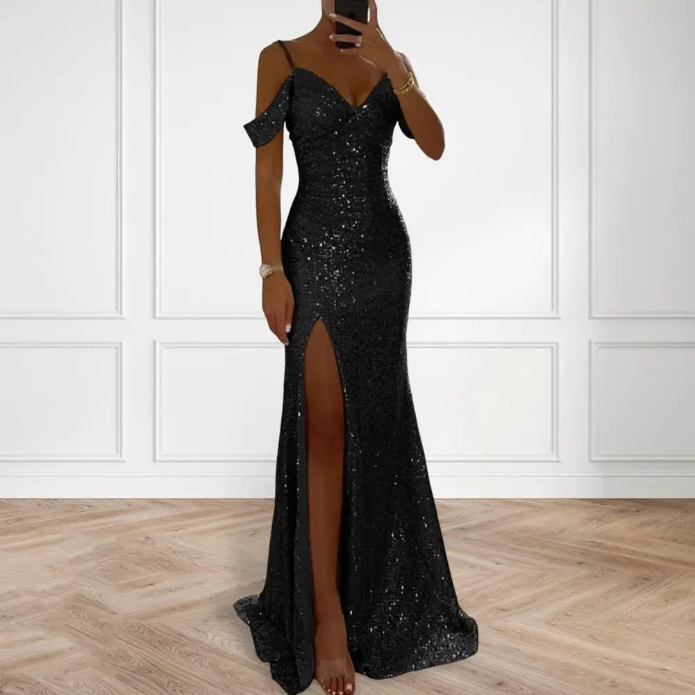 Damen Pailletten-Hosenträgerkleid, langes Kleid, elegantes Pailletten-Ballkleid für Abschlussball, Hochzeit, Partys, schulterfrei, V-Ausschnitt, Maxi für Bankette