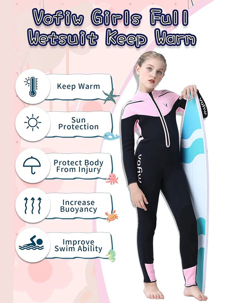 Kids Wetsuit, 3mm Neoprene Thermal Swimsuit, Full Wetsuit for Girls Boys and Youth, Long Sleeve Wet Suits for Swimming Surfing