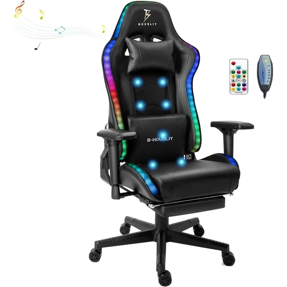 

7-Point Massage Gaming Chair with Speakers and LED Lights, Ergonomic Computer Gaming Chair with Footrest and Lumbar Support
