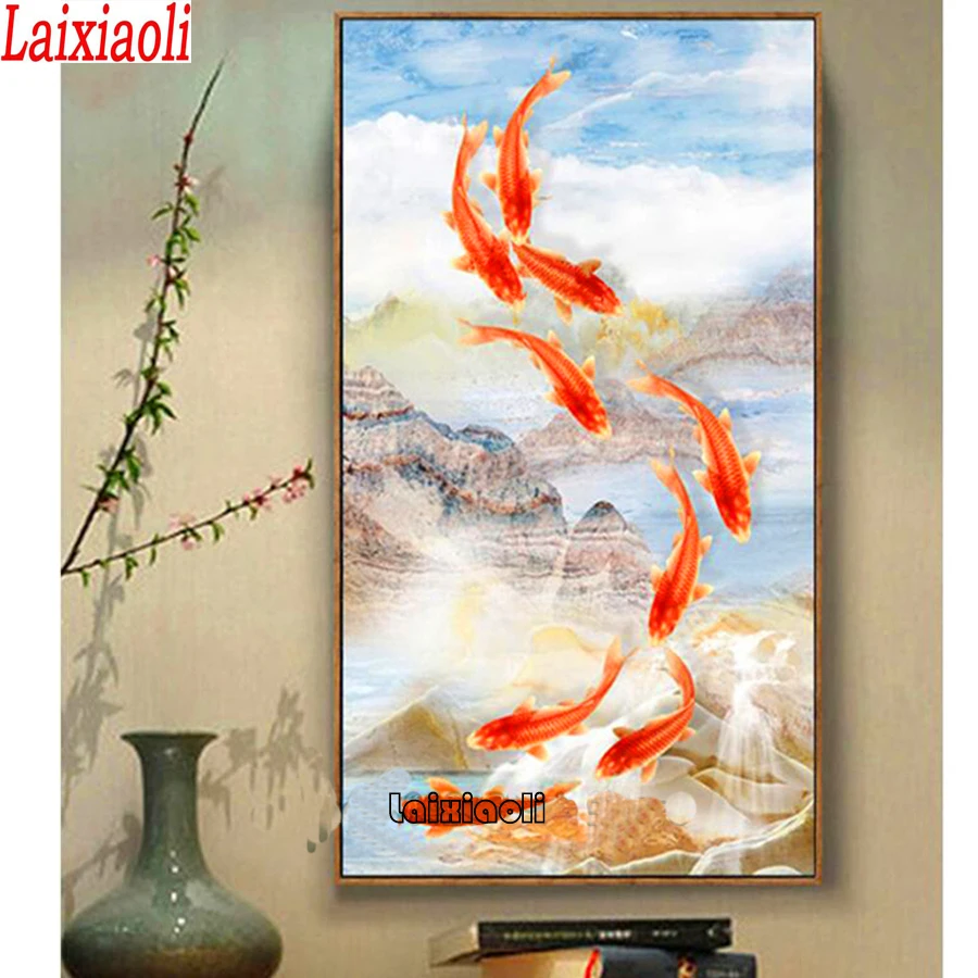 Chinese nine fish koi pattern Diamond Painting full Drill Square Round Diamond Embroidery Mosaic fengshui large Painting decor