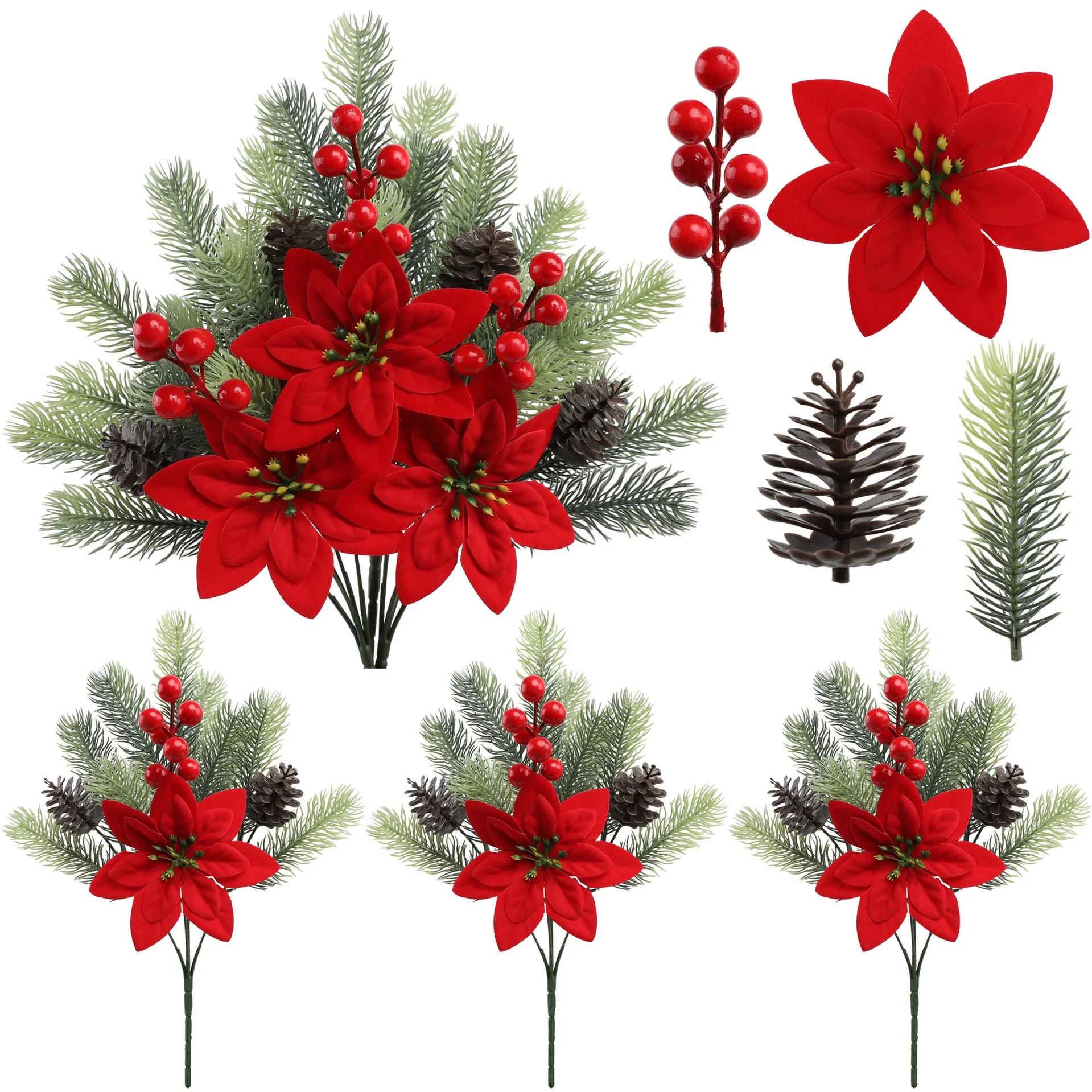 

1pc Christmas Glitter Poinsettia Artificial Flowers Fake Flower Bouquet for 2026 New Year Home Xmas Tree Decorations Ornament