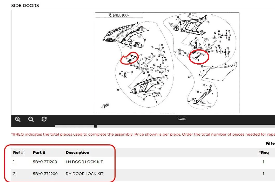 Kunci pintu kiri dan kunci pintu kanan sesuai CFZ950/ZFORCE950 kode olahraga 5BY0-371200/5BY0/372200