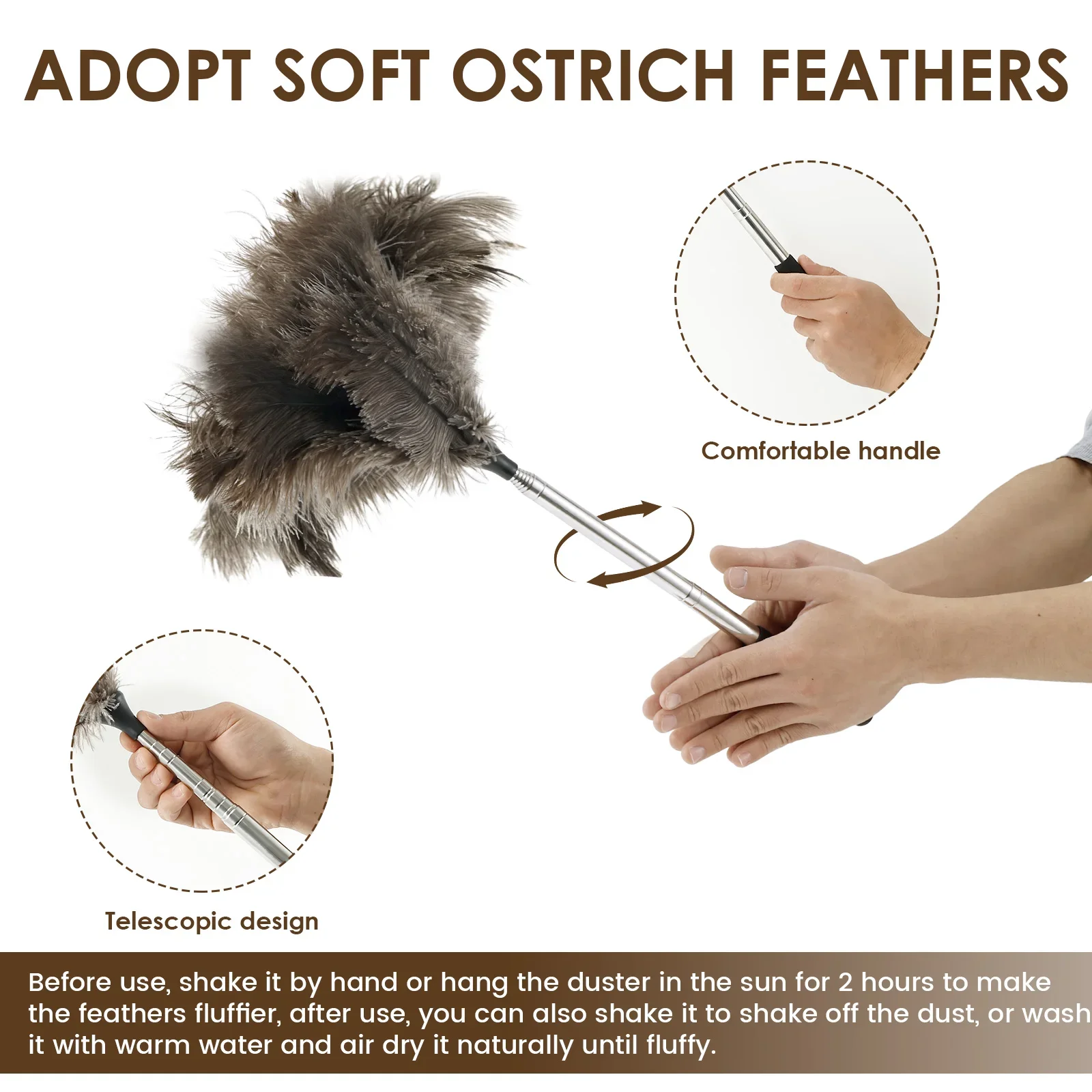 Extendable Ostrich Feather Duster Retractable Feather Duster for Cleaning Ceiling Fan Pendant Lamp High Ceiling Blinds Furniture