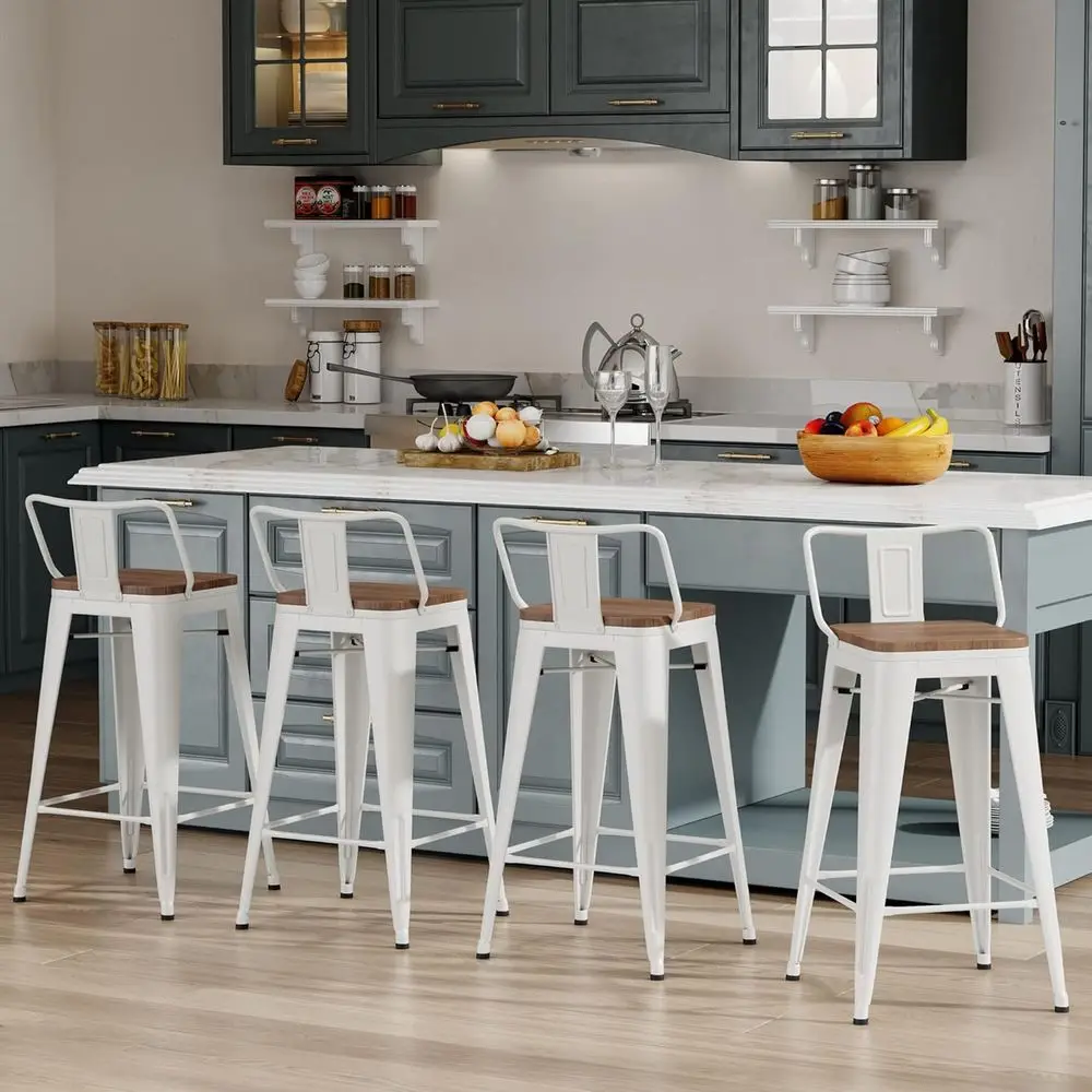 26 Inch Bar Stools Set o 4 Industrial Metal Barstools Counter Height Bar Stool with Backs or Home Kitchen (26 inch, White) view 3