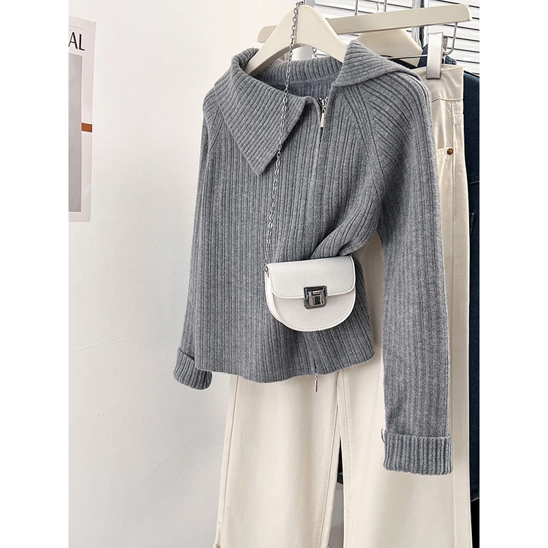 لينة محبوك مزدوجة سستة الياقة سترة المرأة الخريف الشتاء الراقية الشعور الحليب سلسلة تخفيف Sle طويل Sve