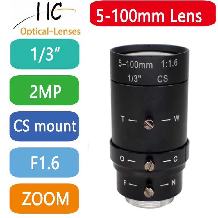 2Megapixel 5-100mm Varifocal HD 1/3'' CCTV Manual Iris Varifocal CS Mount Lenses for IP Cameras Lens Low Distortion FA 2MP